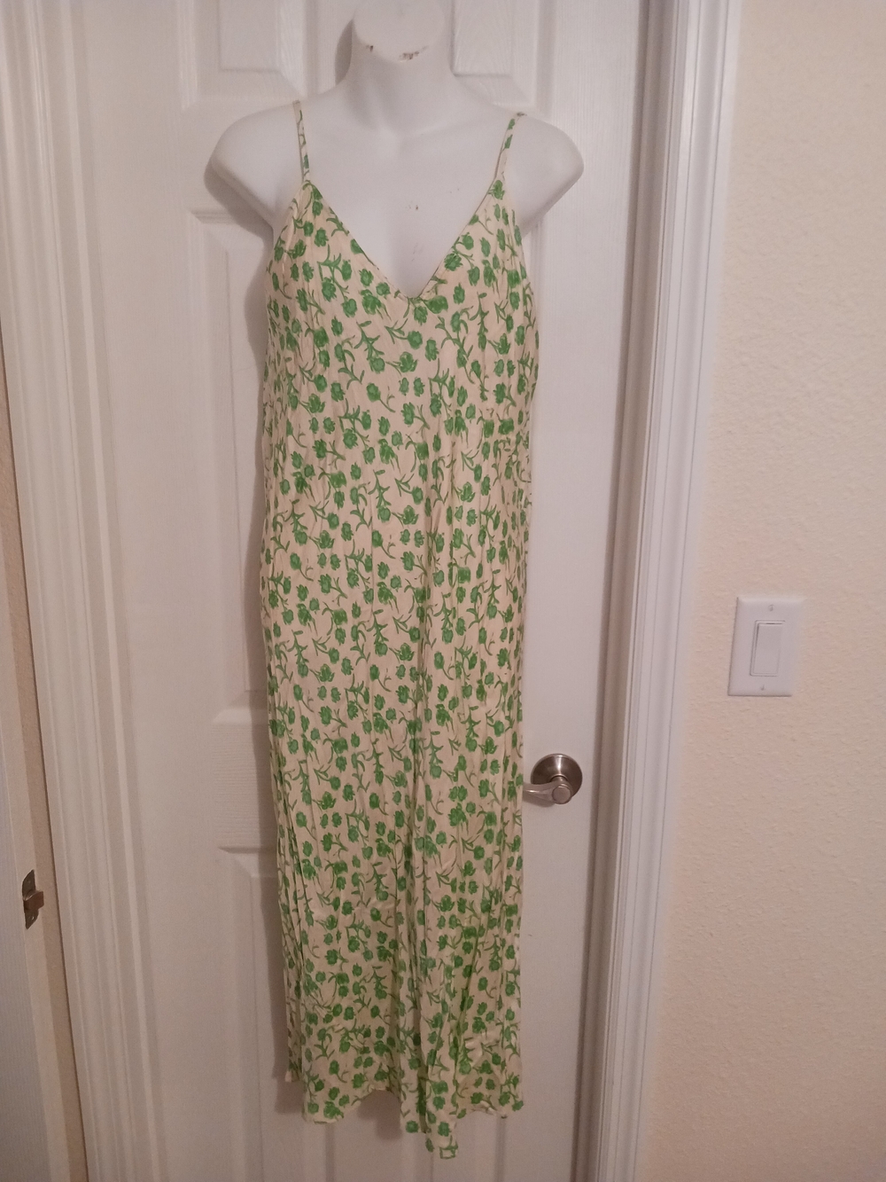 Zara Cream Maxi Slip Dress with Green Floral Print Women's sz Med